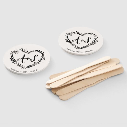 Aangepaste Monogram bruiloft Logo met krans Handwaaier (Niet-gemonteerd)