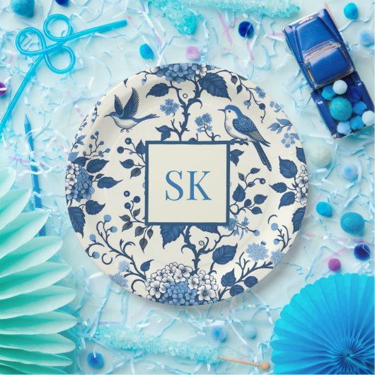 Aangepaste Monogram Chinoiserie Chic, Hydrangeas Papieren Bordje (Feest)