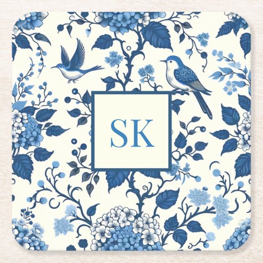 Aangepaste Monogram Chinoiserie Chic, Hydrangeas Vierkante Kartonnen Onderzetter (Voorkant)