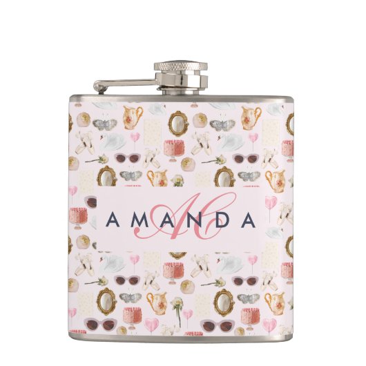 Aangepaste Monogram Coquette Schattige Girly Roze  Heupfles (Voorkant)