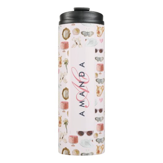 Aangepaste Monogram Coquette Schattige Girly Roze  Thermosbeker (Voorkant)