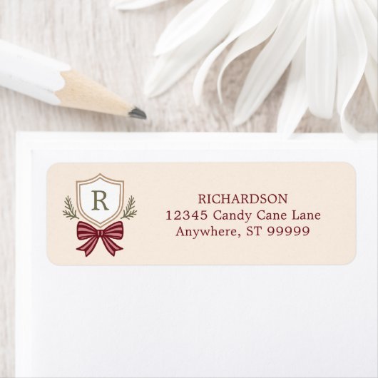 Aangepaste Monogram Crest Bow Kerstmis Etiket (Insitu)