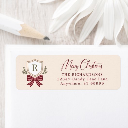 Aangepaste Monogram Crest Bow Kerstmis Etiket (Insitu)