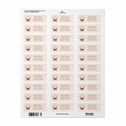 Aangepaste Monogram Crest Bow Kerstmis Etiket (Full Sheet)