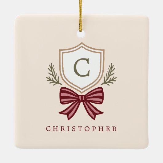 Aangepaste Monogram Crest Bow Kerstmis Keramisch Ornament (Achterkant)
