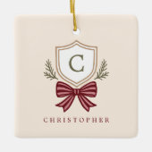 Aangepaste Monogram Crest Bow Kerstmis Keramisch Ornament (Voorkant)