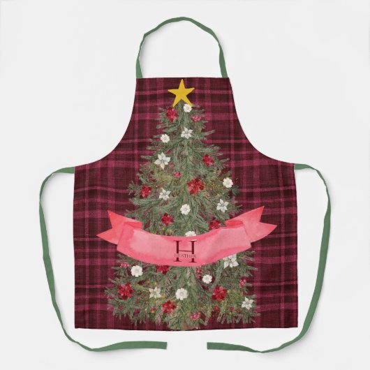 Aangepaste Monogram geruite + Waterverf kerstboom Schort (Voorkant)