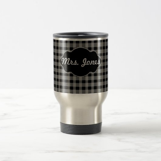 Aangepaste monogram Gingham Black Grey Coffee Cup  Reisbeker (Center)