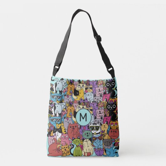 Aangepaste Monogram Grappige Katten Illustratie Crossbody Tas (Achterkant)