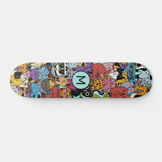 Aangepaste Monogram Grappige Katten Illustratie Skateboard (Horizontaal)