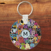 Aangepaste Monogram Grappige Katten Illustratie Sleutelhanger (Voorkant)