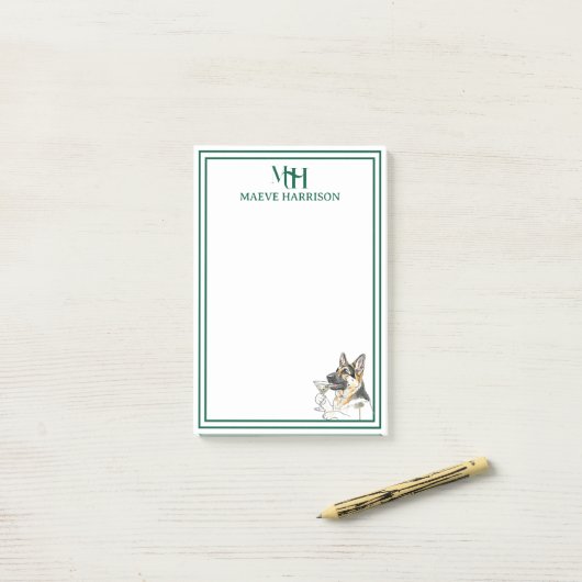 Aangepaste Monogram Hand getrokken Duitse Herder Post-it® Notes (Op bureau)