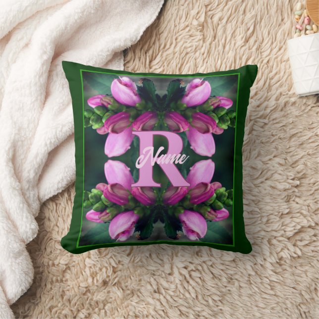 Aangepaste monogram initiële naam Roze bloemkunst Kussen (Deken)