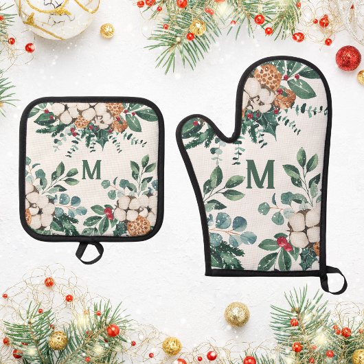 Aangepaste Monogram Kerstmis groen Ovenwant & Pannenlap Set