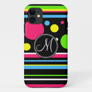 Aangepaste monogram kleurrijke Neon Stripes Polka  iPhone 11 Hoesje