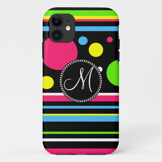Aangepaste monogram kleurrijke Neon Stripes Polka  Case-Mate iPhone Case (Achterkant)