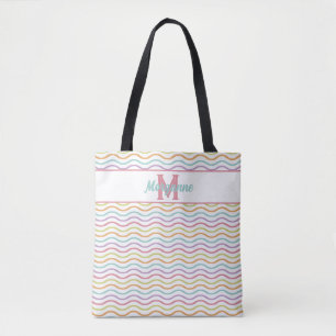 Aangepaste Monogram Kleurrijke Wavy Stripes Pastel Draagtas