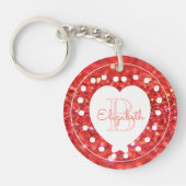 Aangepaste monogram koraal Glitter White Heart Sti Sleutelhanger (Voorkant)