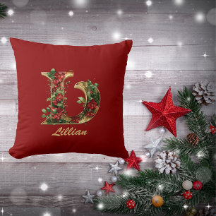 Aangepaste Monogram L Christmas Red Gold Kussen