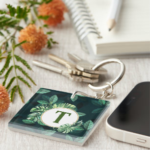 Aangepaste monogram letter Plant leaf huis of auto Sleutelhanger