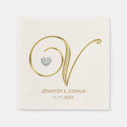 Aangepaste Monogram Letter V Gold Heart Wedding Servet (Voorkant)
