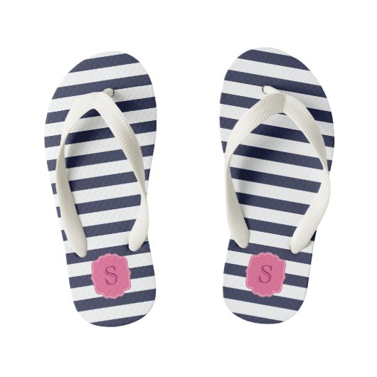 Aangepaste monogram  marine blauwe strepen kinder teenslippers (Voetbed)