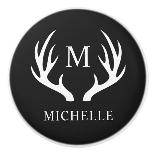 Aangepaste Monogram met zwart wit hert Antler Keramische Knop (Voorkant)