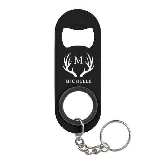 Aangepaste Monogram met zwart wit hert Antler Mini Flessenopener (Achterkant)