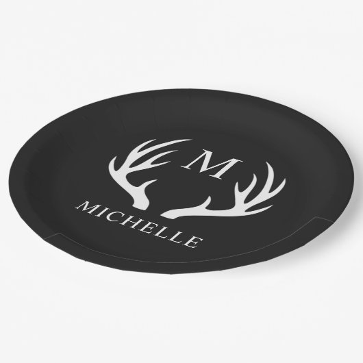 Aangepaste Monogram met zwart wit hert Antler Papieren Bordje (Gekanteld)