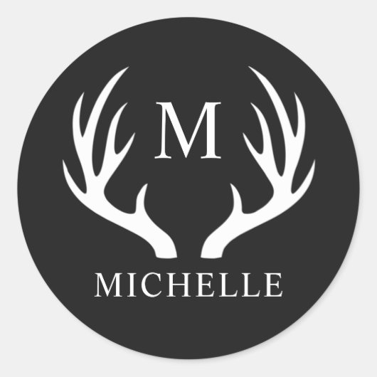 Aangepaste Monogram met zwart wit hert Antler Ronde Sticker (Voorkant)