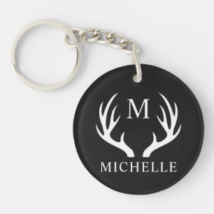 Aangepaste Monogram met zwart wit hert Antler Sleutelhanger