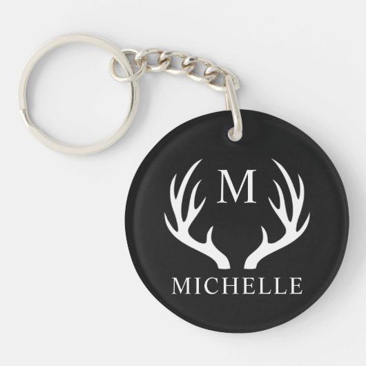 Aangepaste Monogram met zwart wit hert Antler Sleutelhanger (Voorkant)