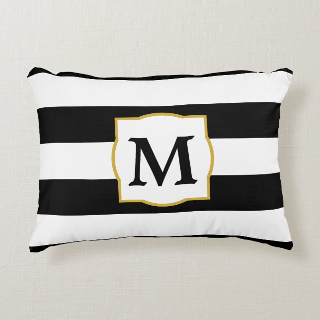 Aangepaste monogram met zwarte en witte strepen accent kussen (Voorkant)