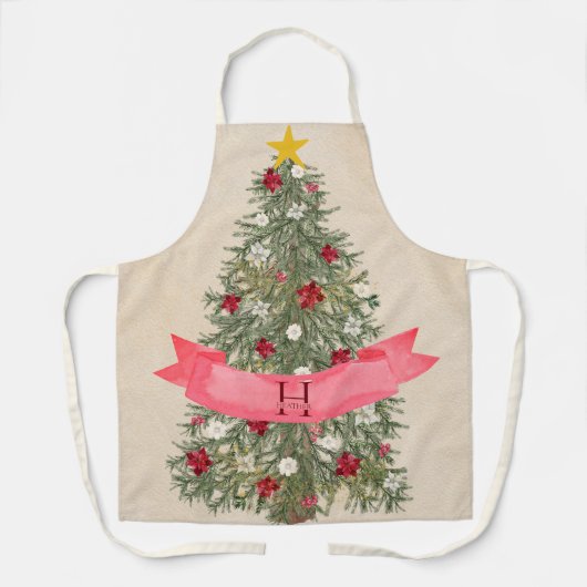 Aangepaste Monogram Mooie Waterverf Kerstboom Schort (Voorkant)