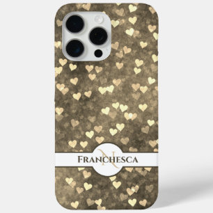 Aangepaste monogram naam Brown Heart Bokeh Art iPhone 15 Pro Max Hoesje