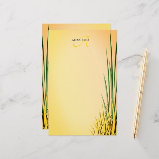 Aangepaste monogram naam Grass Border Station Briefpapier (Voorkant / Achterkant in situ)