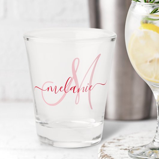 Aangepaste monogram naam Modern Handwriting Red Shot Glas