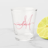Aangepaste monogram naam Modern Handwriting Red Shot Glas (Voorkant)
