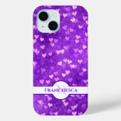Aangepaste monogram naam Paars Heart Bokeh Art Case-Mate iPhone Case (Achterkant)