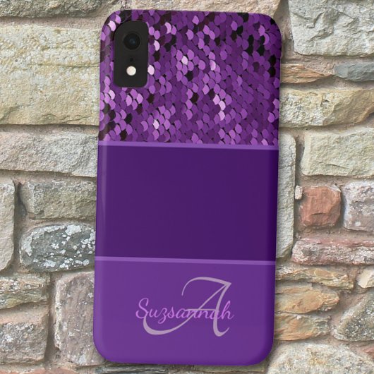 Aangepaste monogram Naam Paarse Sequins Stripes Case-Mate iPhone Case