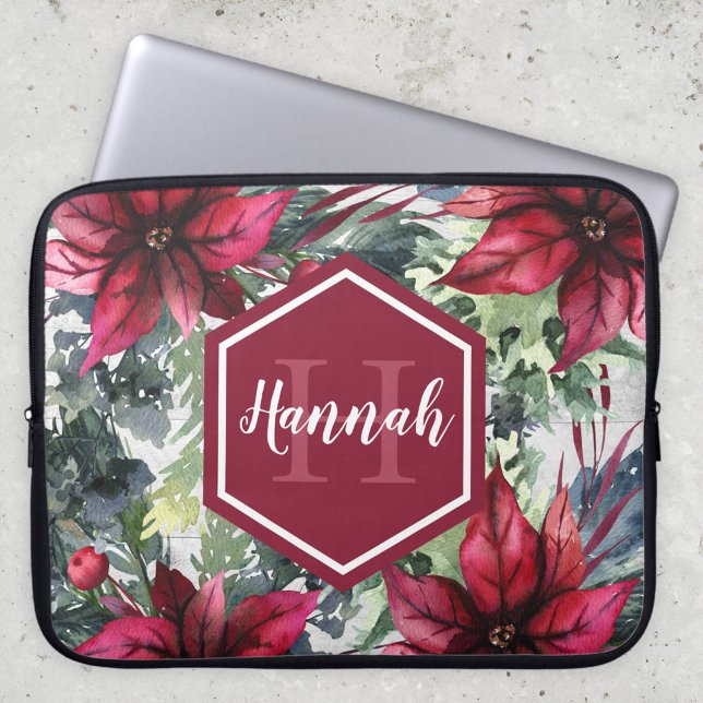 Aangepaste monogram naam Rode Poinsettia Laptop Sleeve (Creator heeft geüpload)