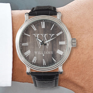 Aangepaste monogram naam Rustic Farmhouse Horloge
