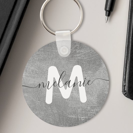 Aangepaste monogram naam Silver Foil Luxe Sleutelhanger