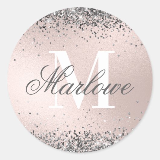 Aangepaste monogram naam Silver Glitter Blush Pink Ronde Sticker (Voorkant)