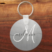Aangepaste monogram naam Trendy Script Silver Foil Sleutelhanger (Voorkant)