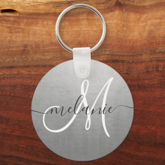 Aangepaste monogram naam Trendy Script Silver Foil Sleutelhanger (Voorkant)