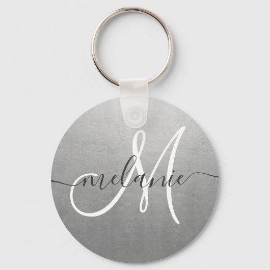 Aangepaste monogram naam trendy script zilverfolie sleutelhanger (Voorkant)