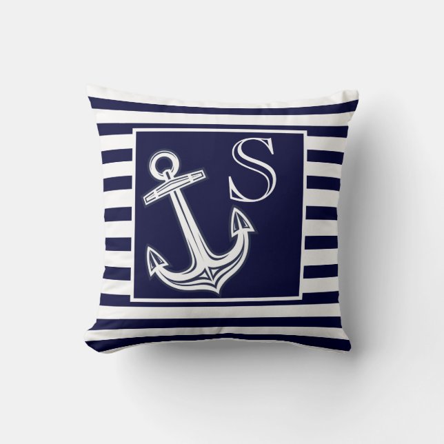 Aangepaste monogram Nautical Anchor Navy Blue stre Kussen (Voorkant)