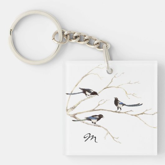 Aangepaste Monogram of Naam Magpie Family Bird Sleutelhanger (voorkant)