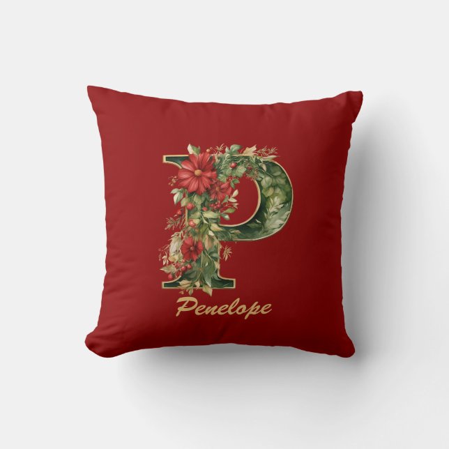 Aangepaste  Monogram P Christmas Red Gold Kussen (Voorkant)